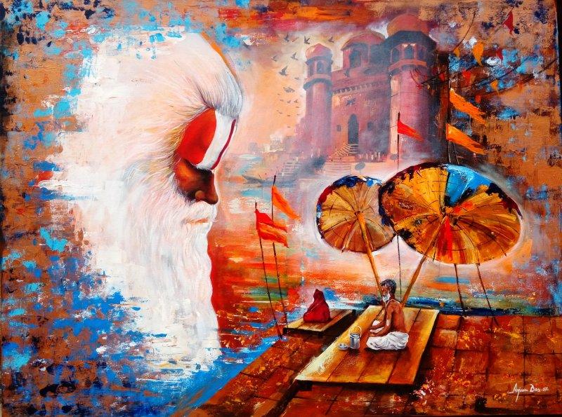 Figurative acrylic painting titled 'Banaras Ghat 5', 48x36 inches, by artist Arjun Das on canvas