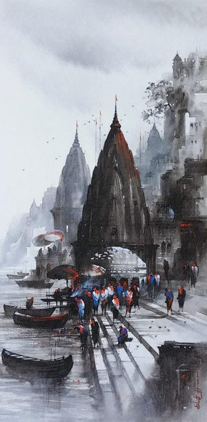 Cityscape acrylic painting titled 'Banaras Ghat 50', 36x18 inches, by artist Ashif Hossain on Canvas