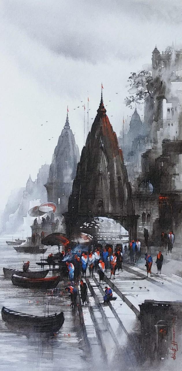 Cityscape acrylic painting titled 'Banaras Ghat 50', 36x18 inches, by artist Ashif Hossain on Canvas