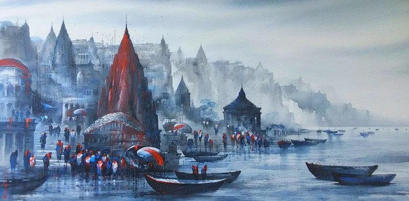 Cityscape acrylic painting titled 'Banaras Ghat 51', 36x72 inches, by artist Ashif Hossain on Canvas