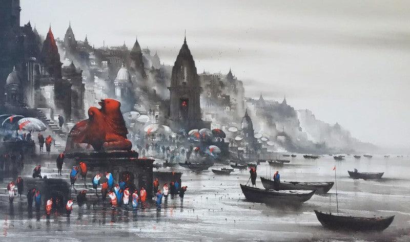 Cityscape acrylic painting titled 'Banaras Ghat 52', 36x60 inches, by artist Ashif Hossain on Canvas