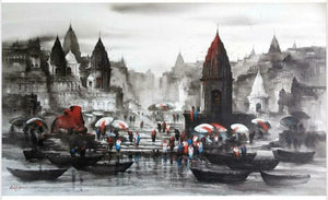 Cityscape acrylic painting titled 'Banaras Ghat 53', 36x60 inches, by artist Ashif Hossain on Canvas
