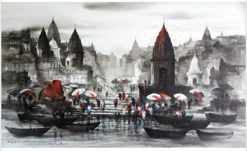 Cityscape acrylic painting titled 'Banaras Ghat 53', 36x60 inches, by artist Ashif Hossain on Canvas