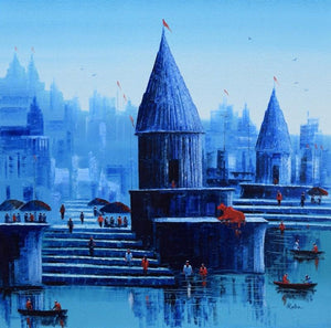 Religious oil painting titled 'Banaras Ghat 56', 36x36 inches, by artist Reba Mandal on Canvas