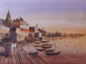 Religious watercolor painting titled 'Banaras Ghat', 22x30 inches, by artist Atul Gendle on Paper