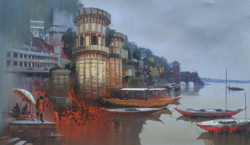 Cityscape acrylic painting titled 'Banaras Ghat', 36x48 inches, by artist Bijay Biswaal on Canvas