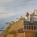 Religious mixed media painting titled 'Banaras Ghat', 49x60 inches, by artist Kamal Rao on Canvas