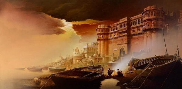 Banaras Ghat Painting by Amit Bhar | ArtZolo.com