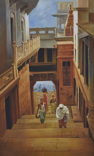 Landscape oil painting titled 'Banaras Ghat', 32x53 inches, by artist Kamal Rao on Canvas