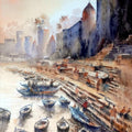 Cityscape watercolor painting titled 'Banaras Ghat', 30x22 inches, by artist Sanjay Dhawale on Paper