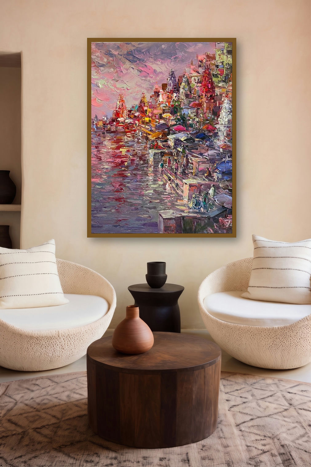 Banaras Ghat (Evening at the Ghats) by artist Tejinder Kanda displayed in a Indian Art gallery