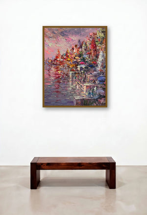 Banaras Ghat (Evening at the Ghats) by artist Tejinder Kanda displayed in a Luxury Family Room