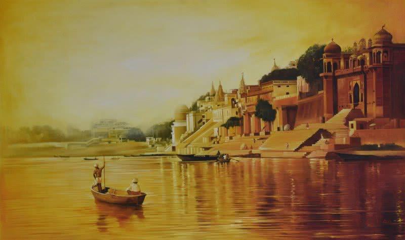 Landscape oil painting titled 'Banaras Ghat', 36x60 inches, by artist Kamal Rao on Canvas