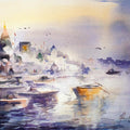 Cityscape watercolor painting titled 'Banaras Ghat', 22x32 inches, by artist Mohd Qaseem Farooqui on Handmade Paper