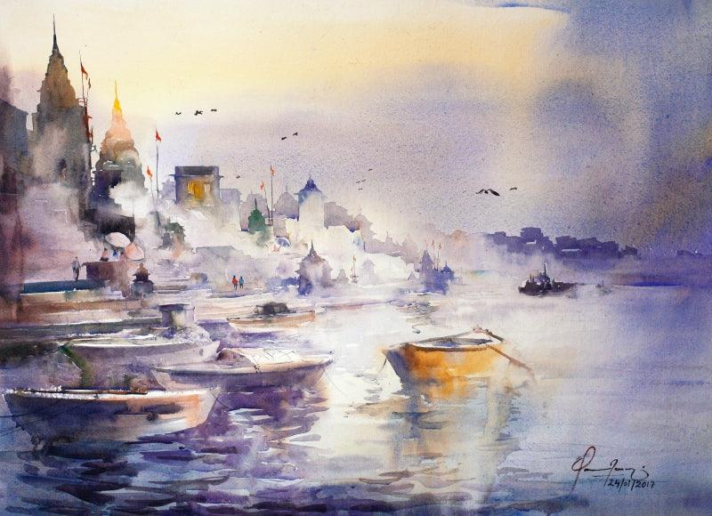 Cityscape watercolor painting titled 'Banaras Ghat', 22x32 inches, by artist Mohd Qaseem Farooqui on Handmade Paper