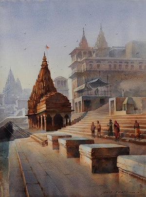 Religious watercolor painting titled 'Banaras Ghat', 30x22 inches, by artist Amit Dhane on Paper