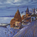 Cityscape oil painting titled 'Banaras Ghat', 36x24 inches, by artist Kamal Rao on Canvas