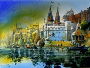 Cityscape acrylic painting titled 'Banaras Ghat', 36x48 inches, by artist Bhuwan Silhare on Canvas