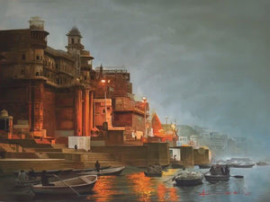 Cityscape oil painting titled 'Banaras Ghat', 36x48 inches, by artist Kamal Rao on Canvas