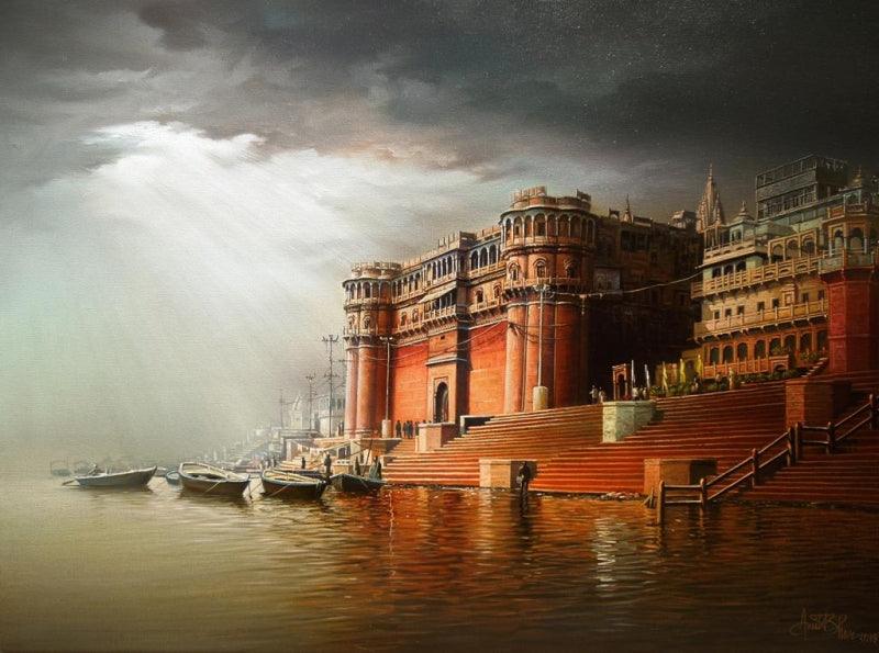 Religious oil painting titled 'Banaras Ghat', 24x32 inches, by artist Amit Bhar on Canvas