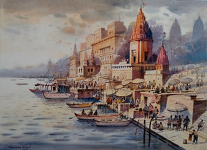 Cityscape watercolor painting titled 'Banaras Ghat', 22x30 inches, by artist NanaSaheb Yeole on Paper