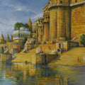 Cityscape oil painting titled 'Banaras Ghat', 36x60 inches, by artist Kamal Rao on Canvas