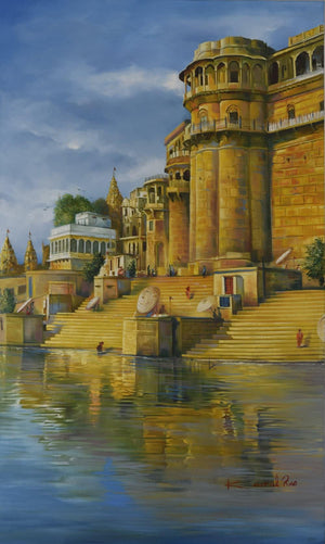 Cityscape oil painting titled 'Banaras Ghat', 36x60 inches, by artist Kamal Rao on Canvas