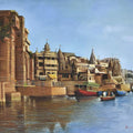 Religious oil painting titled 'Banaras Ghat', 48x32 inches, by artist Kamal Rao on Canvas