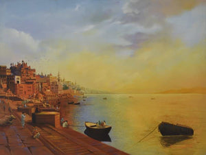 Cityscape oil painting titled 'Banaras Ghat', 48x36 inches, by artist Kamal Rao on Canvas