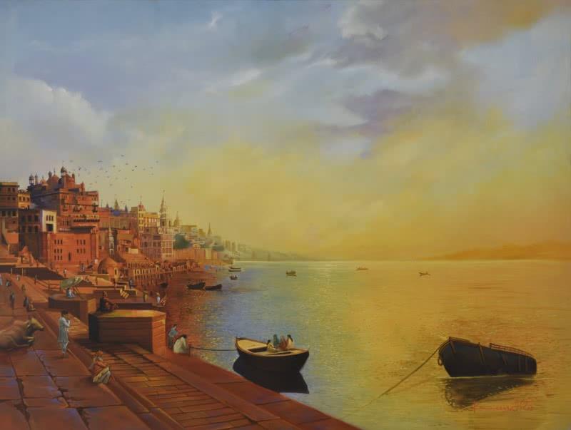 Cityscape oil painting titled 'Banaras Ghat', 48x36 inches, by artist Kamal Rao on Canvas