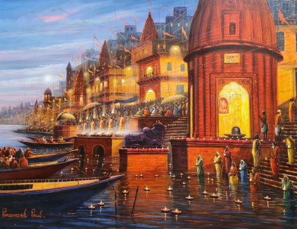 Banaras Ghat Painting by Paramesh Paul | ArtZolo.com