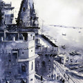 Cityscape watercolor painting titled 'Banaras Ghat', 20x14 inches, by artist S. Dhawale on handmade paper