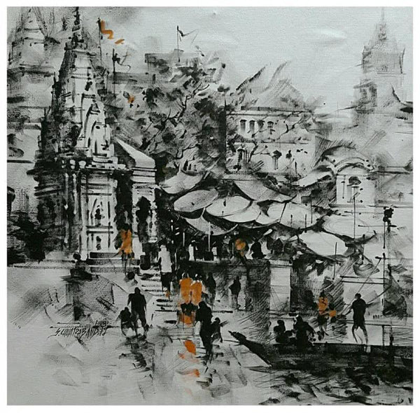 Banaras Ghat Black And White Painting by Sandeep Chhatraband | ArtZolo.com