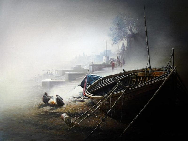 Banaras Ghat Morning Painting by Amit Bhar | ArtZolo.com