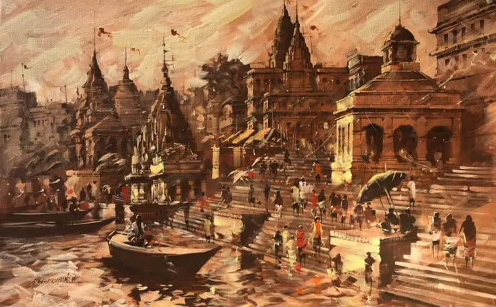 Banaras Ghat Morning View Painting by Sandeep Chhatraband | ArtZolo.com