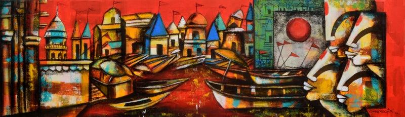 contemporary mixed media titled 'Banaras ghat 2', 17x60 inches, by artist Anupam Pal on canvas