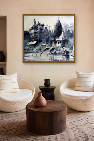 Banaras Ghat (Dawn at the Ganges) by artist Sanjay Dhawale displayed in a Museum Style gallery