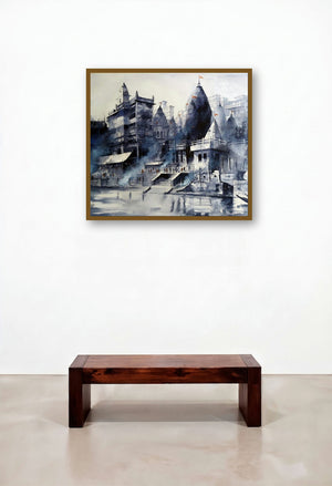 Banaras Ghat (Dawn at the Ganges) by artist Sanjay Dhawale displayed in a Urban Loft Library