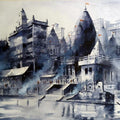 Cityscape watercolor painting titled 'Banaras ghat', 30x15 inches, by artist Sanjay Dhawale on watercolour on paper