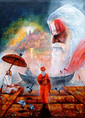 Realistic acrylic painting titled 'Banarash Ghat 3', 36x48 inches, by artist Arjun Das on canvas