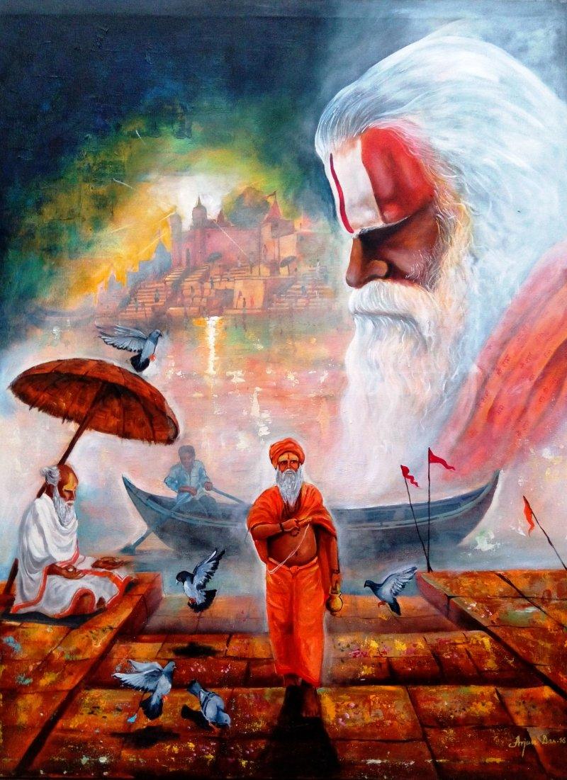 Realistic acrylic painting titled 'Banarash Ghat 3', 36x48 inches, by artist Arjun Das on canvas