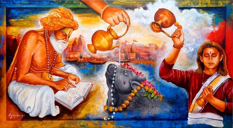 Religious acrylic painting titled 'Banarash Ghat', 33x60 inches, by artist Arjun Das on Canvas