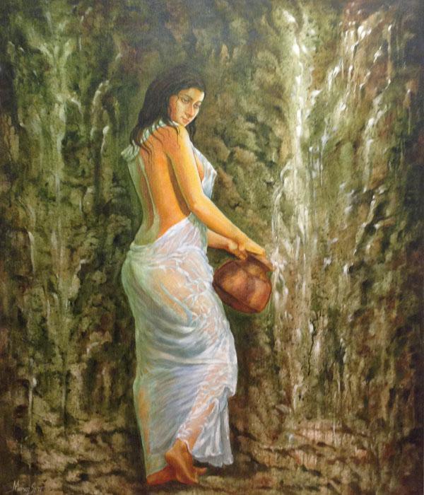 Bathing Woman Painting by Manoj Sen | ArtZolo.com