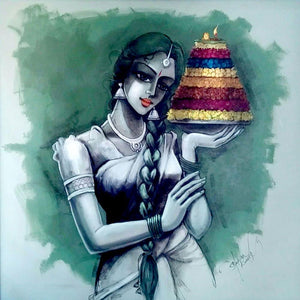 Figurative mixed media painting titled 'Bathukamma', 36x36 inches, by artist Shravan Kumar on Canvas