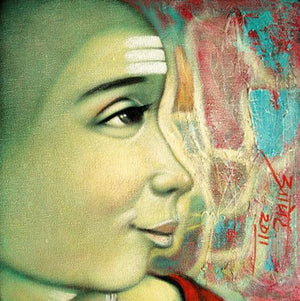 Batu (Untitled) by Apet Pramod, Original Acrylic Figurative Painting on Canvas, X-Small Square Wall Art
