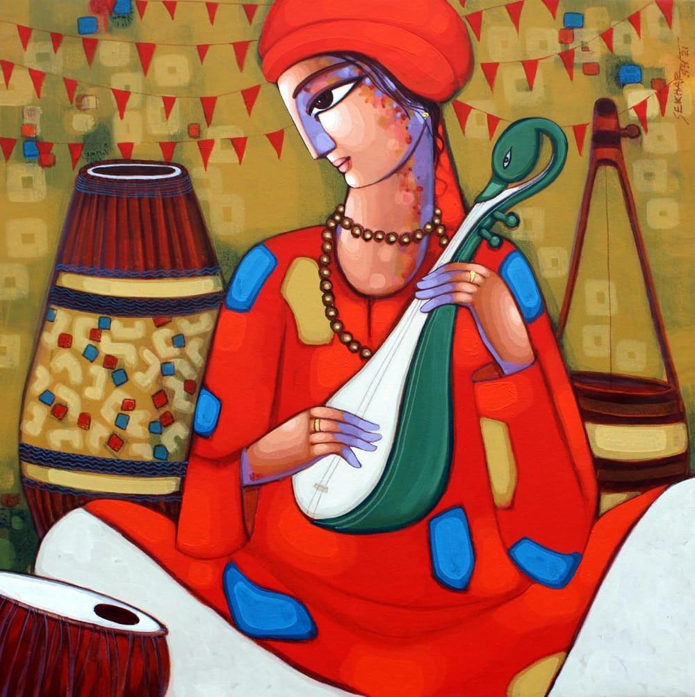 Figurative acrylic painting titled 'Baul 1', 32x32 inches, by artist Sekhar Roy on Canvas