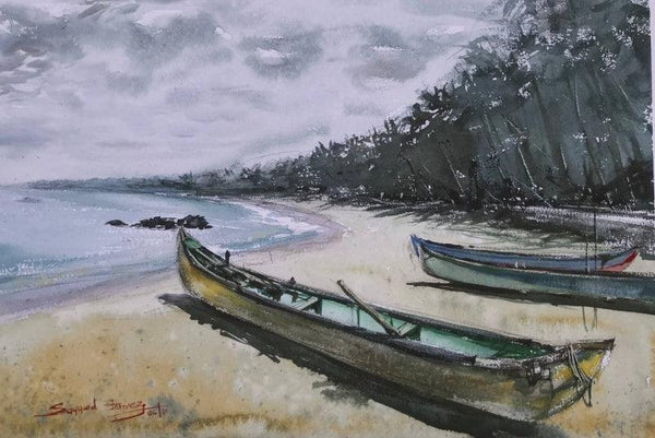 Beach Boat Mood Painting by Ks Farvez | ArtZolo.com