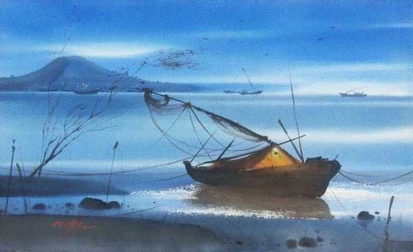 Beach Boat & Water Painting by Ganesh Hire | ArtZolo.com