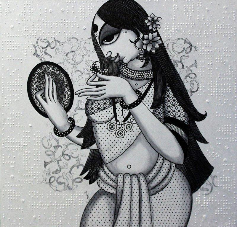 Figurative acrylic painting titled 'Beautiful Lady', 24x24 inches, by artist Varsha Kharatamal on Canvas