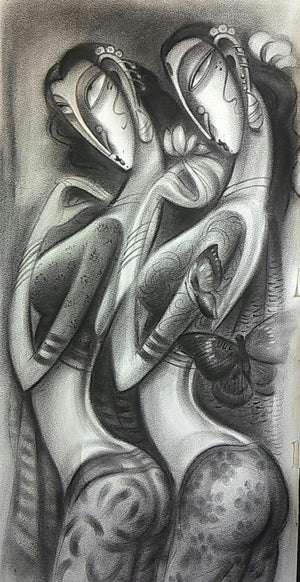 Beautiful Women (A Moment of Connection) by Ramesh Pachpande, Original Charcoal Figurative Painting on Paper, Medium Vertical Wall Art